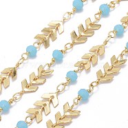 Handmade Brass Cobs Chains, with Faceted Glass Round Beads and Spool, Soldered, Long-Lasting Plated, Real 18K Gold Plated, Light Sky Blue, 7x6x1.6mm, about 32.8 Feet(10m)/roll(CHC-I035-07G-03)