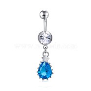 Piercing Jewelry, Eco-Friendly Brass Cubic Zirconia Navel Ring, Belly Rings, with 304 Stainless Steel Bar, teardrop, Deep Sky Blue, Platinum, 42mm, Pin: 1.5mm(AJEW-EE0006-01)