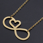 201 Stainless Steel Pendant Necklaces, with Cable Chains and Lobster Claw Clasps, Infinity with Heart, Golden, 17.32 inch(44cm), 2mm, Infinity: 17.5x40x1mm(NJEW-S105-JN517-2)