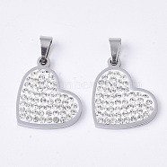 201 Stainless Steel Pendants, with Random Size Snap On Bails and Polymer Clay Crystal Rhinestones, Heart, Stainless Steel Color, 18.5x21.5x2.5mm, Hole: 7~10x3~5mm(X-STAS-N089-97P)