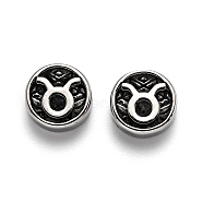 304 Stainless Steel Beads, Flat Round with Twelve Constellations, Antique Silver, Taurus, 10x4mm, Hole: 1.8mm(STAS-J033-01J)