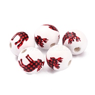 Dyed Natural Wooden Beads, Round with Christmas Elk Pattern, White, 16.5x15mm, Hole: 4mm(WOOD-O005-02B)