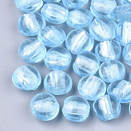 Handmade Silver Foil Lampwork Glass Beads, Flat Round, Light Sky Blue, 12~13.5x11.5~13.5x7.5~8.5mm, Hole: 1~2mm(SLF12MMY-1L)