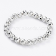 Electroplated Natural Lava Rock Beads Stretch Bracelets, Long-Lasting Plated, Round, Silver Plated, 2-1/4 inch(5.6cm), Bead: 8.5~9mm(BJEW-G623-01S-8mm)