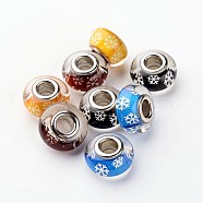 Resin European Beads, Christmas Theme, Large Hole Rondelle Beads, with Snowflake Pattern and Brass Double Cores, Platinum, Mixed Color, 14x8mm, Hole: 5mm(RPDL-H003-01)