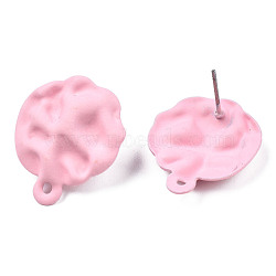 Spray Painted Iron Stud Earring Findings, with Horizontal Loops, Hammered Flat Round, Pink, 23.5x19.5mm, Hole: 1.6mm, Pin: 0.7mm(IFIN-N008-015C)