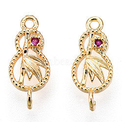 Brass Connector Charms, with Cerise Glass, Peanut Links with Leaf, Real 18K Gold Plated, 15x6.5x2.5mm, Hole: 1mm(KK-A171-25G)