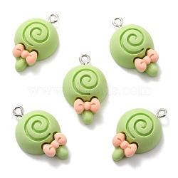 Resin Pendants, with Platinum Tone Iron Loop, Lollipop with Bowknot, Yellow Green, 26x15.5x7mm, Hole: 2mm(RESI-F027-10E)