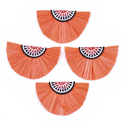 Raffia Decoration Accessories, with Cotton, Fan Shaped, OrangeRed, 41~42x68~69x6mm(FIND-T029-12)