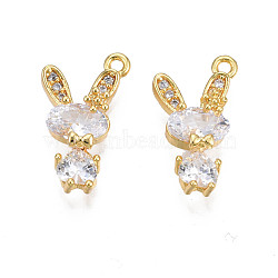 Brass Micro Pave Cubic Zirconia Charms, Real 18K Gold Plated, Rabbit, Clear, 15x8.5x4mm, Hole: 1mm(KK-N231-244)