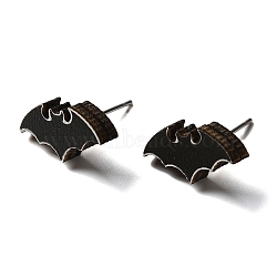 Wood Stud Earrings, with 316 Surgical Stainless Steel Pin, Halloween Theme, Black, Bat, 16x8mm(EJEW-Z054-02P)