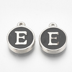 Alloy Enamel Charms, Flat Round with Letter, Platinum, Black, Letter.E, 14x11.5x2.5mm, Hole: 1mm(ENAM-T007-01-E)