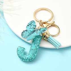 Resin & Acrylic & Faux Suede Tassel Keychain,  with Alloy Clasp and Iron Rings, Letter J, 10cm(X1-KEYC-YW00119-10)