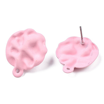 Spray Painted Iron Stud Earring Findings, with Horizontal Loops, Hammered Flat Round, Pink, 23.5x19.5mm, Hole: 1.6mm, Pin: 0.7mm