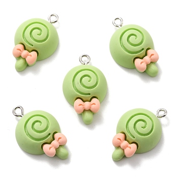 Resin Pendants, with Platinum Tone Iron Loop, Lollipop with Bowknot, Yellow Green, 26x15.5x7mm, Hole: 2mm