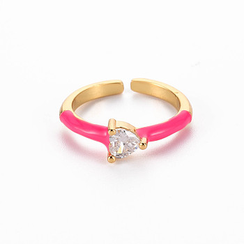 Brass Enamel Cuff Rings, Open Rings, Solitaire Rings, with Clear Cubic Zirconia, Nickel Free, Heart, Golden, Deep Pink, US Size 7(17.3mm)