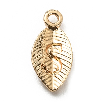 Alloy Pendants, Leaf with Letter Charm, Light Gold, Letter.S, 15.5x7.5x2.5mm, Hole: 1.5mm