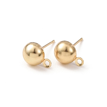 Brass Stud Earring Findings, Cadmium Free & Lead Free, Half Round, with Loop, Real 24K Gold Plated, 10x7.5mm, Hole: 1.5mm, Pin: 12x0.8mm