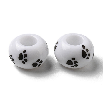 Printed Opaque Acrylic Beads, Large Hole Beads, Round, White, 14x8.5mm, Hole: 5.8mm