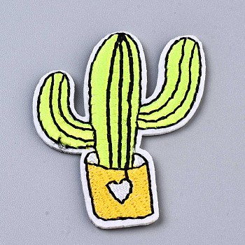 Cactus Appliques, Computerized Embroidery Cloth Iron on/Sew on Patches, Costume Accessories, Green Yellow, 52x43x1.5mm