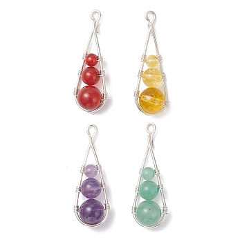 4Pcs 4 Styles Dyed Natural Quartz Crystal & Carnelian & Green Aventurine & Amethyst Round Beaded Pendants, Teardrop Charms with Brass Findings, Silver, 34x12x8mm, Hole: 1.8mm, 1pc/style