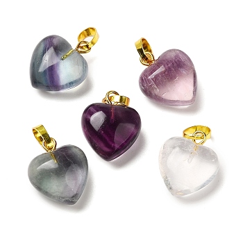 Natural Fluorite Pendants, with Brass Finding, Heart, Golden, 16x13x8mm, Hole: 3.5x6mm