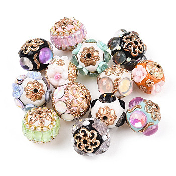 Handmade Indonesia Alloy Beads, with Resin Findings and Rhinestone, Rondelle with Flower, Mixed Color, 15.5~18x15.5~20.5x15.5~20.5mm, Hole: 1.4~2mm
