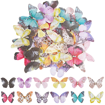 60Pcs 12 Styles 3D Gauze Butterfly Ornament Accessories, with Rhinestones, Mixed Color, 32x45x3mm, 5pcs/style 