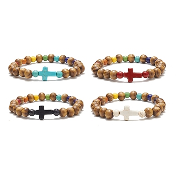 Synthetic Turquoise(Dyed) Cross & Natural Wood Beaded Stretch Bracelet for Women, Mixed Color, Inner Diameter: 2-1/8 inch(5.35cm)
