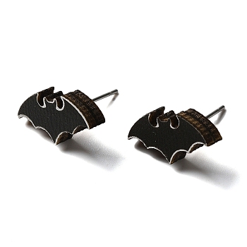 Wood Stud Earrings, with 316 Surgical Stainless Steel Pin, Halloween Theme, Black, Bat, 16x8mm