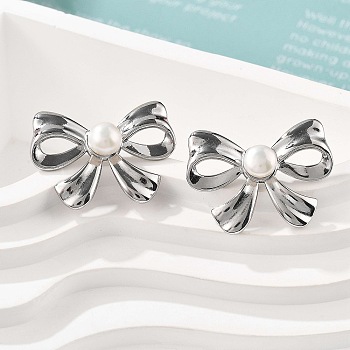 304 Stainless Steel Stud Earrings, with Freshwater Pearl Beads, Bowknot, Stainless Steel Color, 28x20.5mm