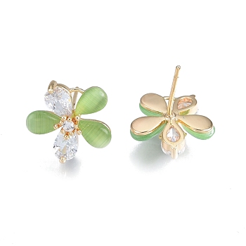 Brass Micro Pave Cubic Zirconia Flower Stud Earring Findings, with Synthetic Cat Eye, with Horizontal Loops, Nickel Free, Real 18K Gold Plated, Green, 14x14mm, Hole: 1.2mm, Pin: 0.8mm