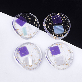 Transparent Resin Cabochons, with Shell and Gold Foil, Flat Round, Blue Violet, 32.5x30x4~4.5mm