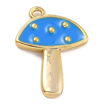 Autumn Theme Brass Enamel Pendants, Golden Long-Lasting Plated, Mushroom, Blue, 15x10.5x1.5mm, Hole: 1mm