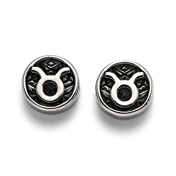 304 Stainless Steel Beads, Flat Round with Twelve Constellations, Antique Silver, Taurus, 10x4mm, Hole: 1.8mm