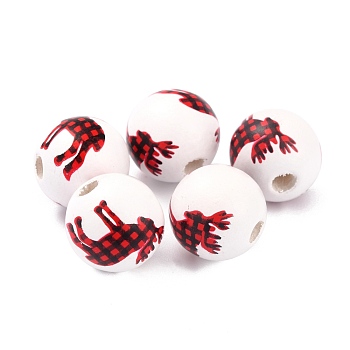 Dyed Natural Wooden Beads, Round with Christmas Elk Pattern, White, 16.5x15mm, Hole: 4mm