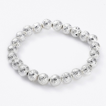 Electroplated Natural Lava Rock Beads Stretch Bracelets, Long-Lasting Plated, Round, Silver Plated, 2-1/4 inch(5.6cm), Bead: 8.5~9mm