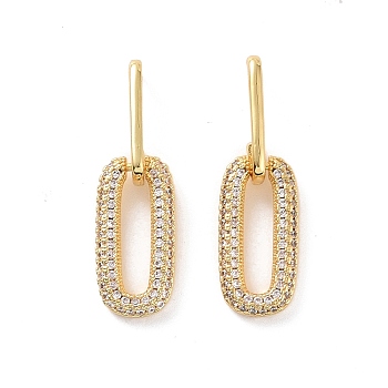 Clear Cubic Zirconia Hollow Out Oval Dangle Stud Earrings, Brass Jewelry for Women, Real 18K Gold Plated, 32.5mm, Pin: 0.6mm
