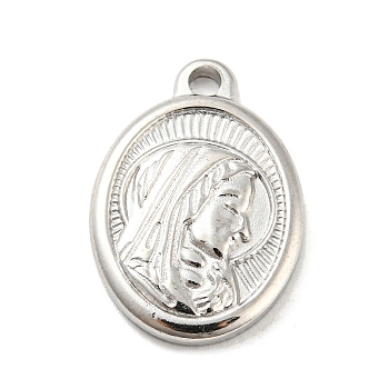 304 Stainless Steel Pendants, Oval with Virgin Mary Charm, Religion, Stainless Steel Color, 24x16.5x2.5mm, Hole: 2.5mm