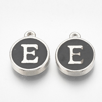 Alloy Enamel Charms, Flat Round with Letter, Platinum, Black, Letter.E, 14x11.5x2.5mm, Hole: 1mm