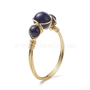 Natural Lapis Lazuli Round Braided Beaded Finger Ring, Light Gold Copper Wire Wrap Jewelry for Women, Inner Diameter: 18mm(RJEW-JR00550-03)