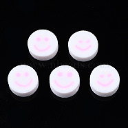 Handmade Polymer Clay Beads, for DIY Jewelry Crafts Supplies, Flat Round with Smiling Face, Pearl Pink, 10x4~4.5mm, Hole: 1.8mm(CLAY-N008-040K)