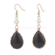 Natural Obsidian Teardrop Dangle Earrings with Natural Pearl, Brass Wire Wrap Drop Earrings for Women, Golden, 62mm, Pin: 0.6mm(EJEW-JE04850-02)