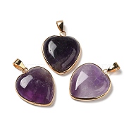 Natural Amethyst Pendants, Heart Charms, with Golden Tone Iron and Brass Findings, 29x24x7mm, Hole: 6~6.5x3~3.5mm(G-K335-04G-17)