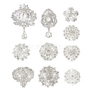 Biyun 10Pcs 10 Styles Flower & Heart & Teardrop Crystal Rhinestone Brooches Set, Exquisite Alloy Lapel Pin for Wedding Party, Platinum & Silver, 30~95x5~12mm, 1pc/style(JEWB-BY0001-04)