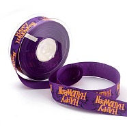 Polyester Grosgrain Ribbon, Single Face Printed, for Halloween Gift Wrapping, Party Decoration, Word Halloween Pattern, Purple, 1 inch(26mm), 100 yards/roll(91.44m/roll)(SRIB-B002-07B)