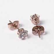 304 Stainless Steel Stud Earrings, with Cubic Zirconia, Rose Gold, 16mm, Pin: 0.8mm(EJEW-H313-16RG)