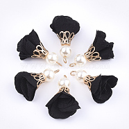 Iron Pendants, with Cloth and ABS Plastic Imitation Pearl, Flower, Golden, Black, 25~32x15~25mm, Hole: 1~4mm(FIND-T033-07A)