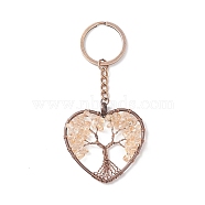 Natural Citrine Pendant Keychains, with Brass Findings and Alloy Key Rings, Heart with Tree of Life, 10.7cm(HEAR-PW0001-148F)