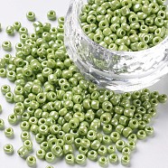 Glass Seed Beads, Opaque Colors Lustered, Round, Green Yellow, 3mm, Hole: 1mm, about 10000pcs/pound(SEED-A012-3mm-124)